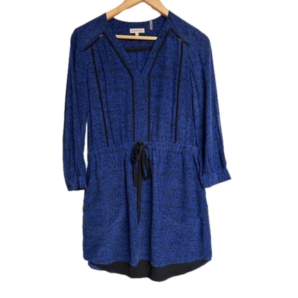 Rebecca Taylor silk Long Sleeve blue black Print Dress with belt